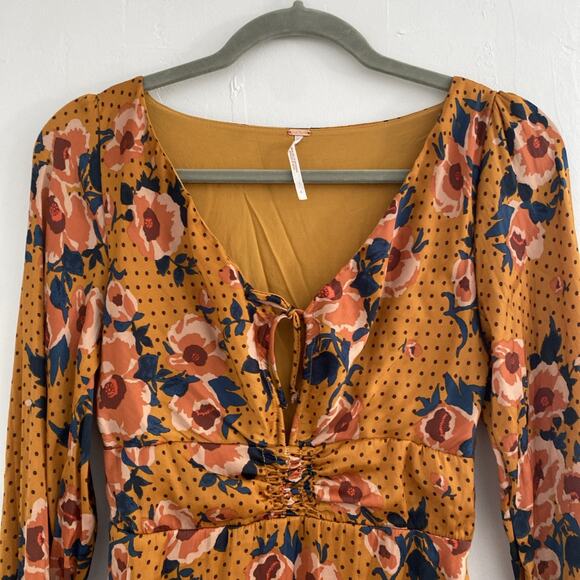 Free People Dress 4 Women's Morning Light Mini LS Balloon Floral Dot Smocked - Picture 2 of 15